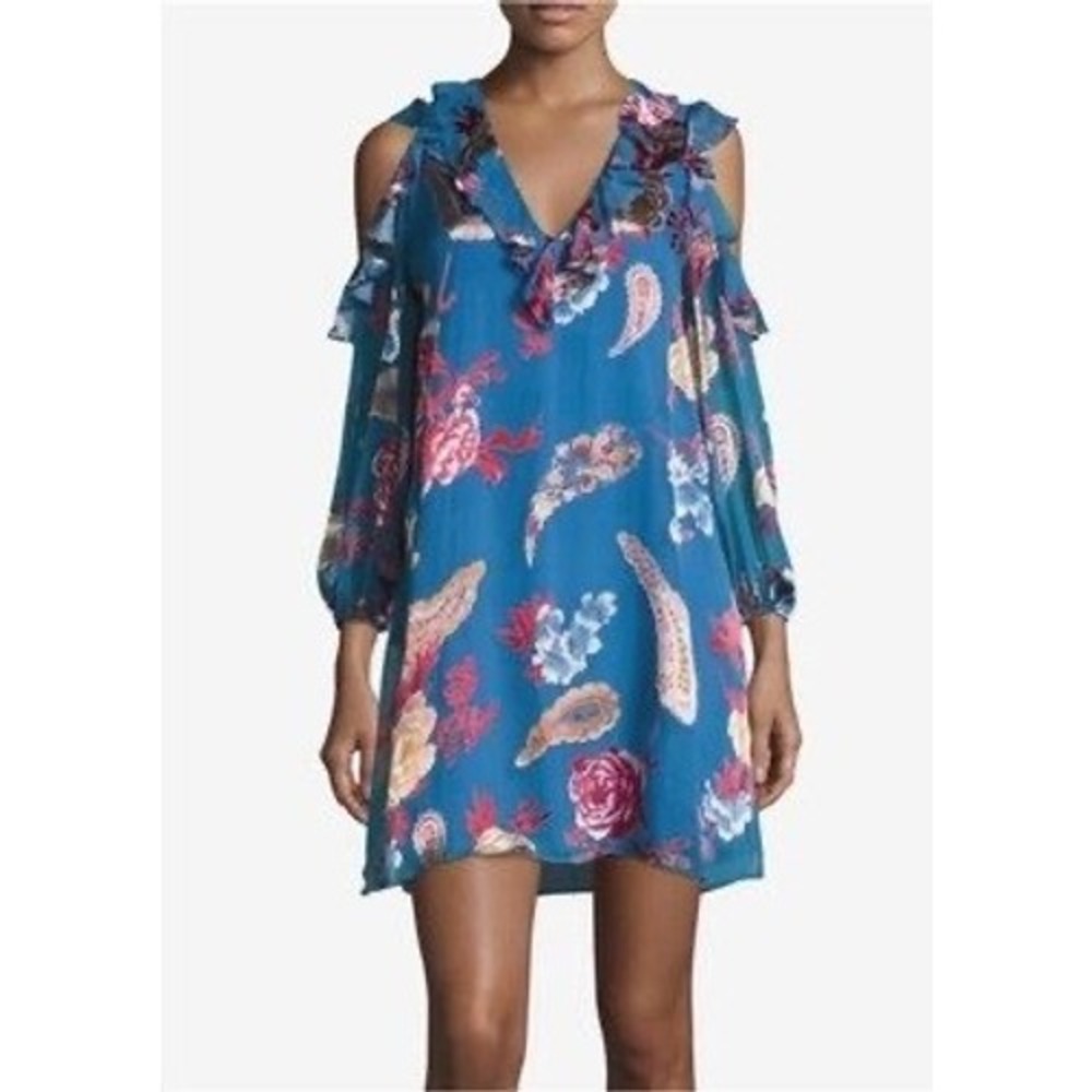 Alice + Olivia Giovanna Dress Women Small Blue Floral Silk Cold Shoulder Mini